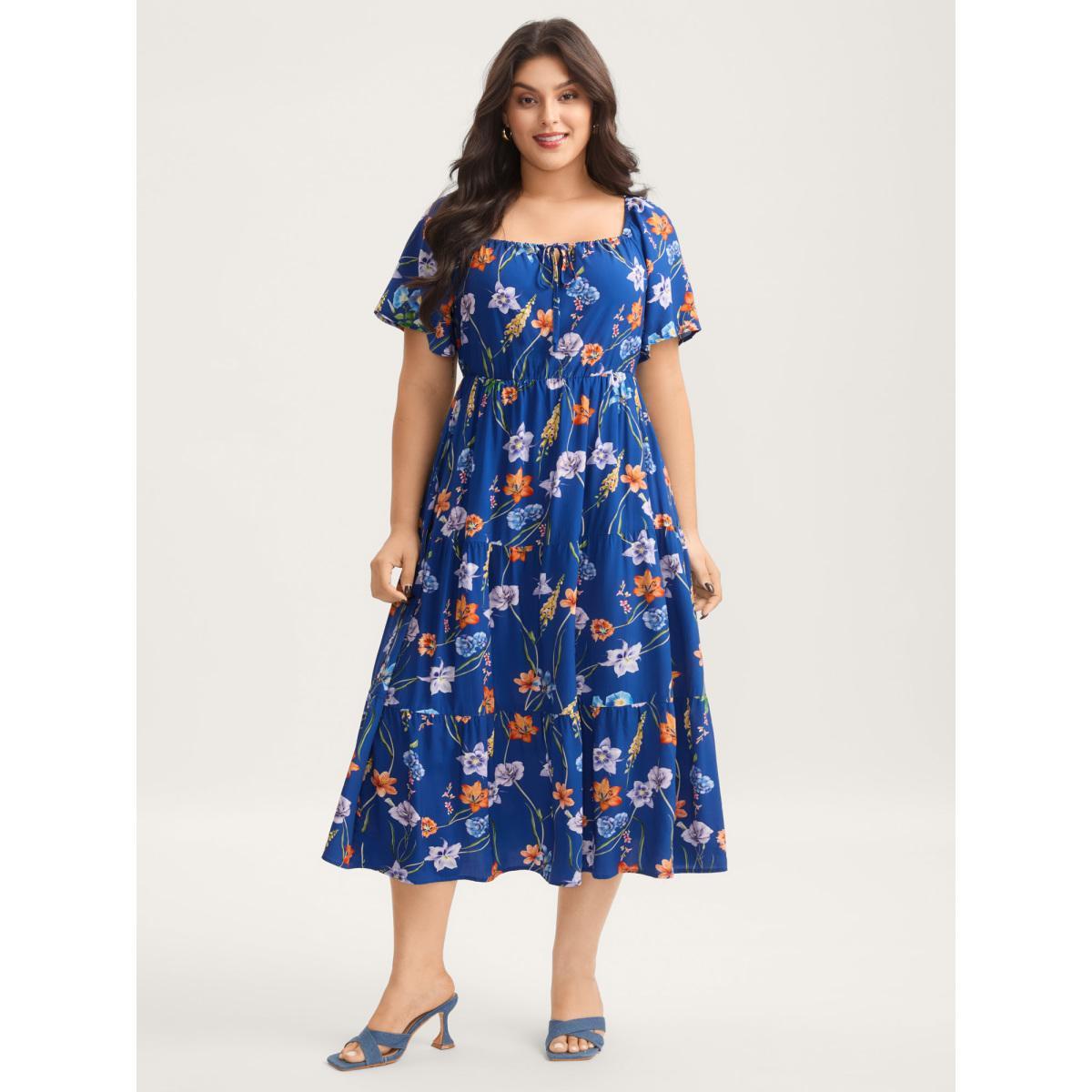 Plus Size Rayon Stretchy-Waist Floral Print Midi Dress Indigo Women Square Neck Short sleeve Curvy BloomChic 26/4X Product Image