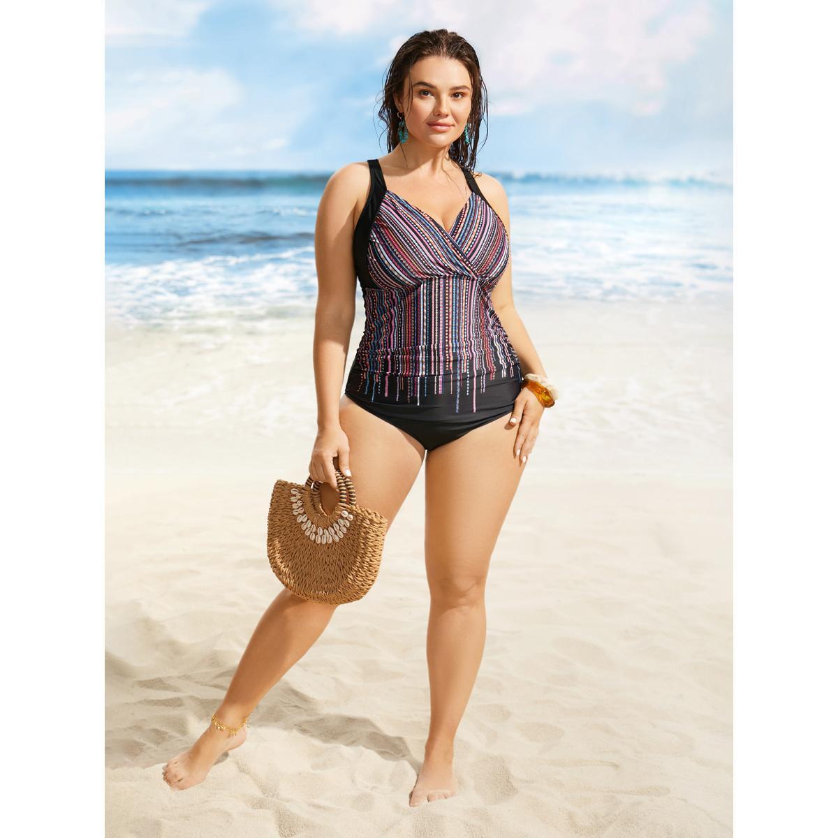 Plus Size Bandana Striped Overlap Collar Back Crisscross One Piece Swimsuit Women's Swimwear Black Beach Gathered Curve Bathing Suits High stretch One Pieces BloomChic 30/6X Product Image