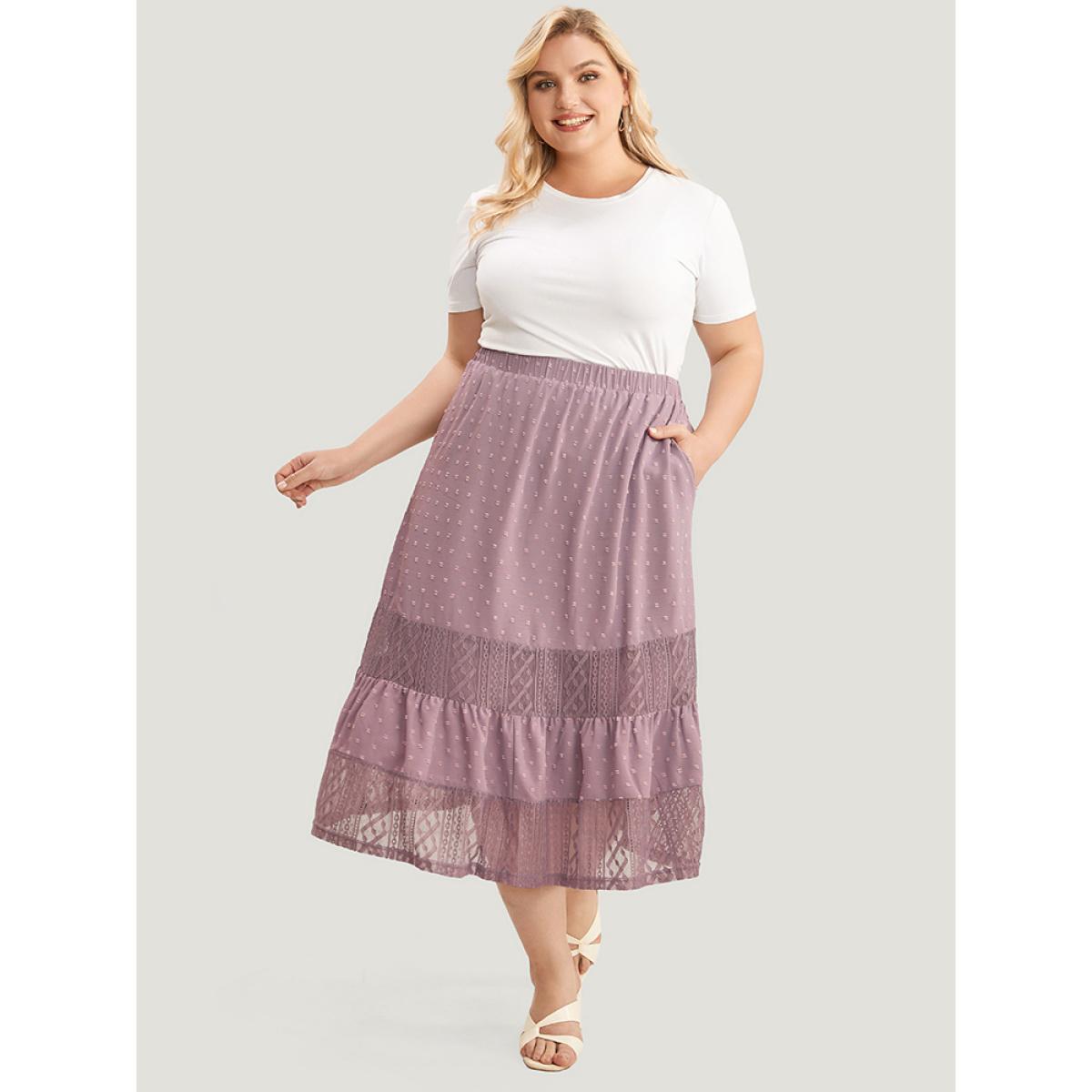Plus Size Plain Contrast Lace Ruffles Pocket Polka Dot Skirt Women Heather Elegant Patchwork Loose No stretch Pocket Dailywear Skirts BloomChic 22-24/3X Product Image