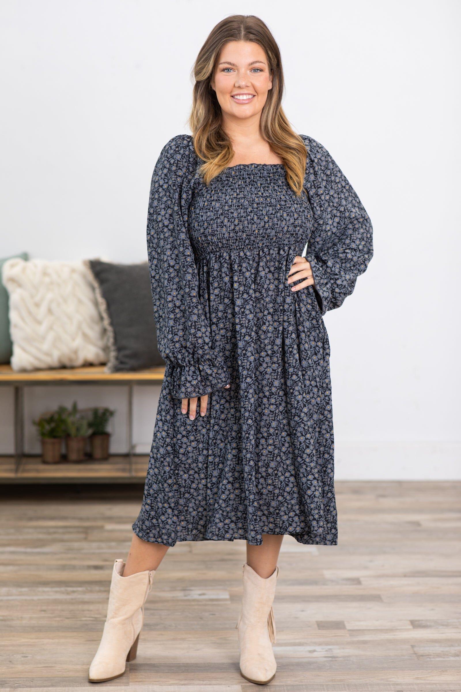 Graphite Ditsy Floral Square Neck Smocked Dress Product Image