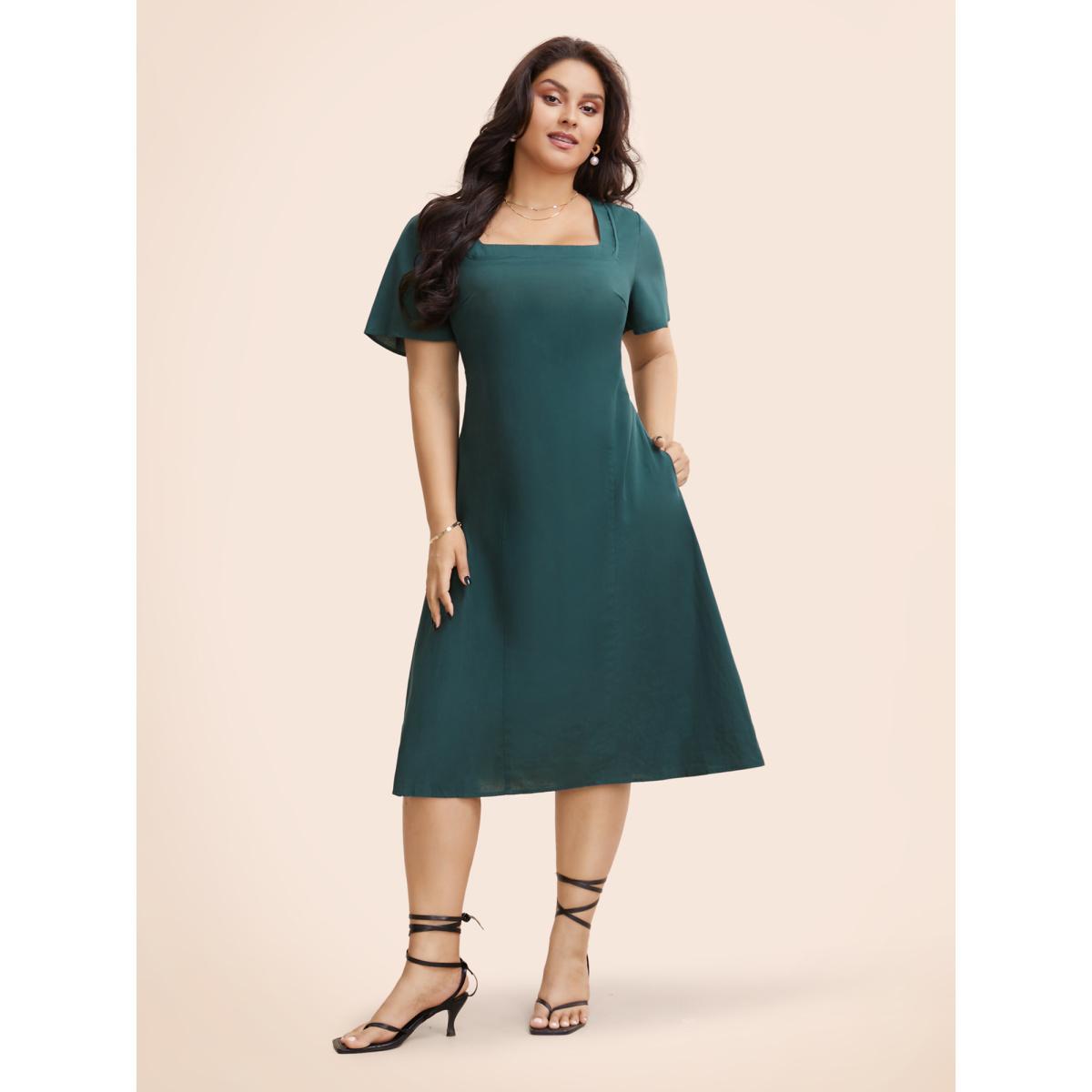 Plus Size Square Neck Ruffle Sleeve Shirred Dress ArmyGreen Women Elegant Shirred Square Neck Short sleeve Curvy BloomChic 18-20/2X Product Image