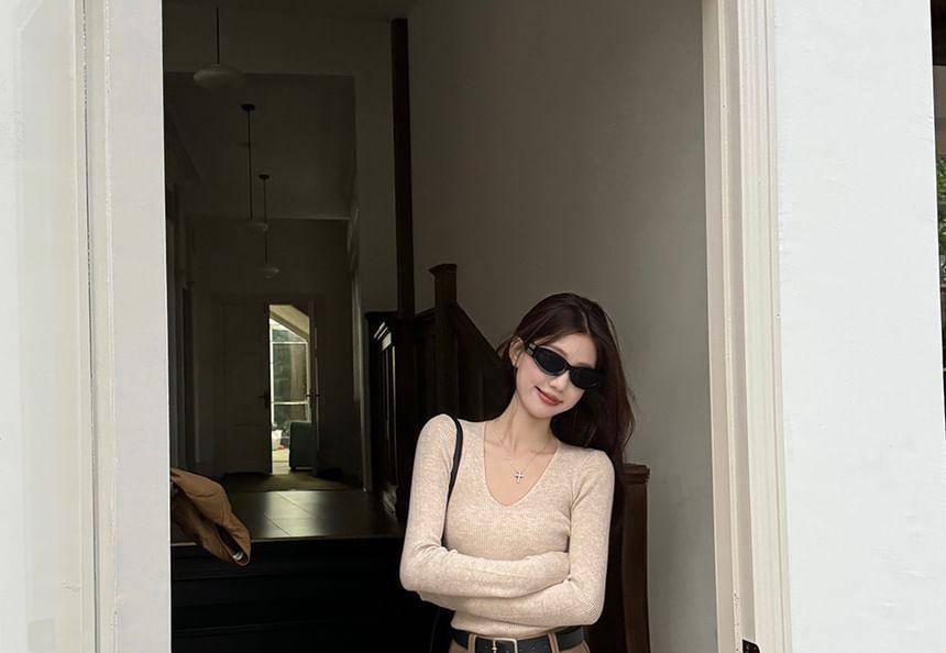 Long-Sleeve V-Neck Plain Slim Fit Knit Top / High Rise Wide Leg Pants Product Image