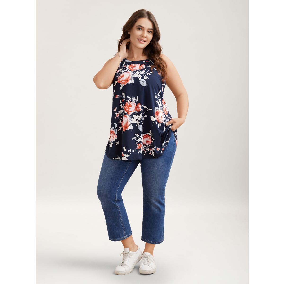 Plus Size Rosy Print Halter Neck Top Women Indigo Elegant Contrast Round Neck Everyday Tank Tops Camis BloomChic 18-20/2X Product Image