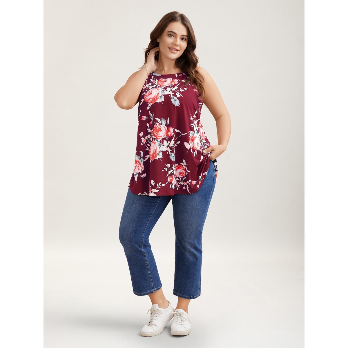 Plus Size Rosy Print Halter Neck Top Women Indigo Elegant Contrast Round Neck Everyday Tank Tops Camis BloomChic 18-20/2X Product Image