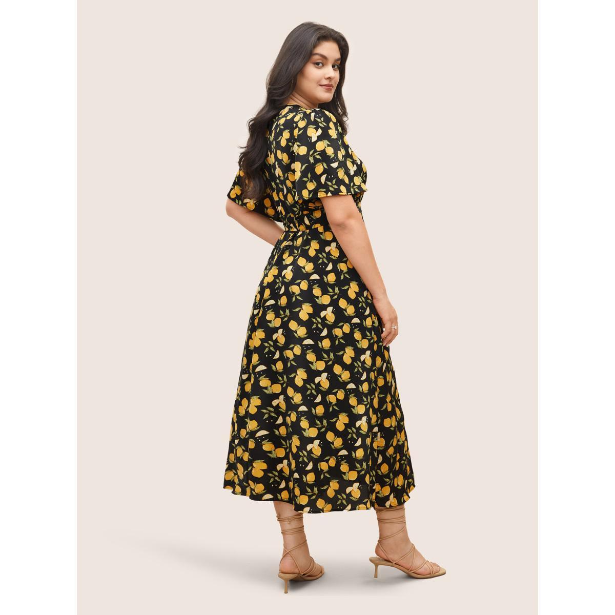 Plus Size Citrus Lemons Print Belted Surplice Neck Split Side Dress BlackFlower Women Elegant Non Overlap Collar Short sleeve Curvy Midi Dress BloomChic 18-20/2X Product Image