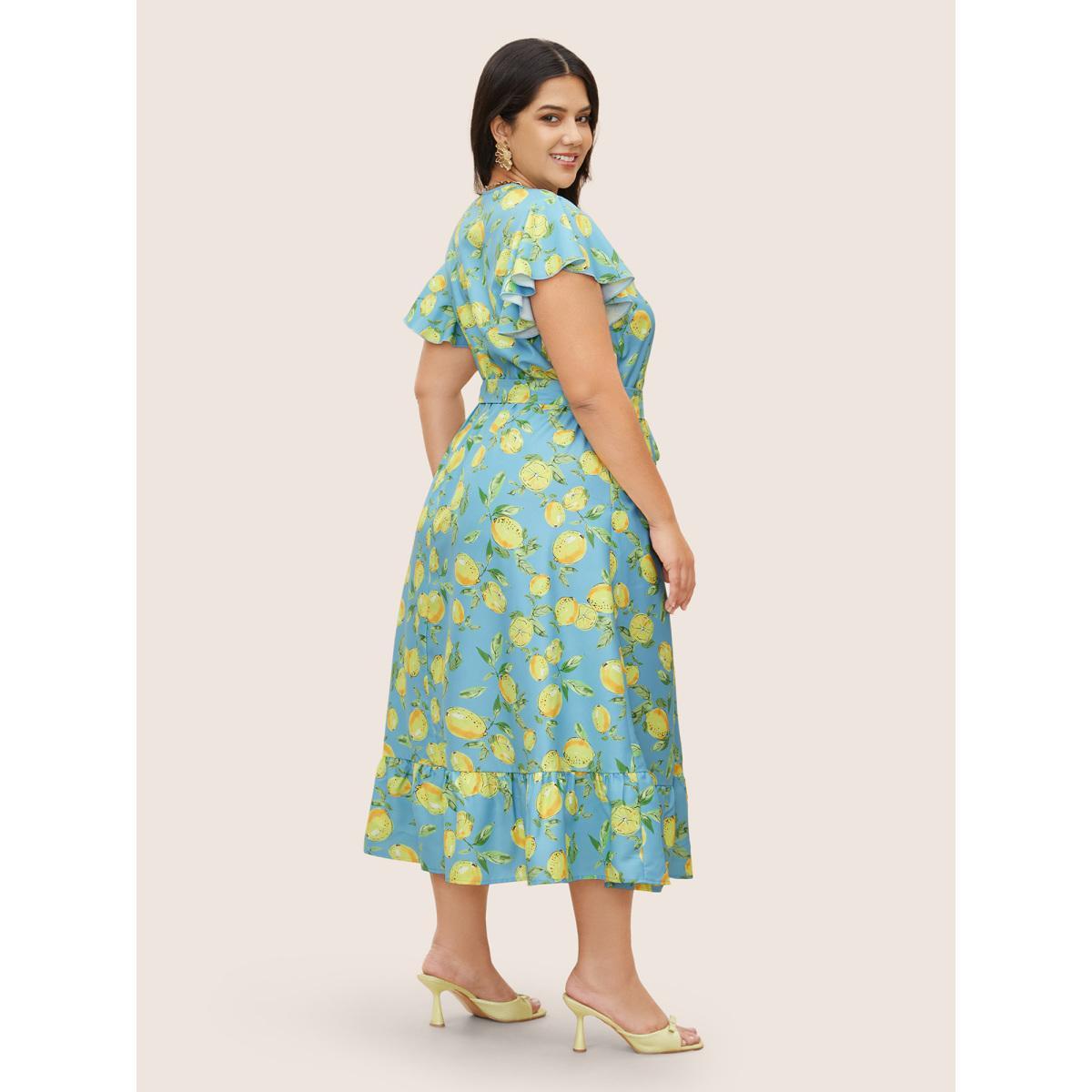 Plus Size Citrus Lemon Print Ruffle Cap Sleeve Belted Dress Blue Women Elegant Belted V-neck Cap Sleeve Curvy Midi Dress BloomChic 10/M Product Image