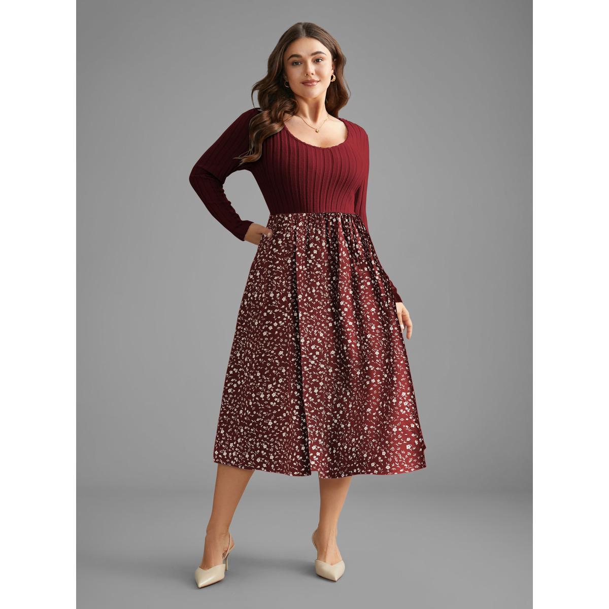 Plus Size Ditsy Floral Patchwork Texture Midi Dress Burgundy Women Elegant Texture V-neck Long Sleeve Curvy BloomChic 14-16/1X Product Image