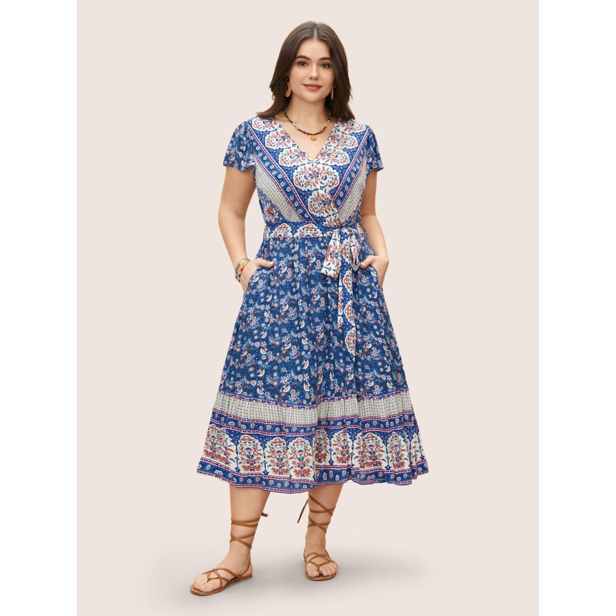 Plus Size Boho Print Surplice Neck Belted Dress Blue Women Resort Overlapping V-neck Cap Sleeve Curvy BloomChic 26/4X Product Image