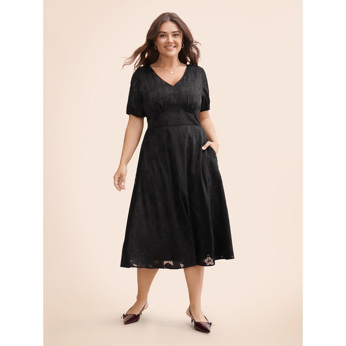 Plus Size Star Textured Lantern Sleeve Midi Dress Black Women Elegant Texture V-neck Short sleeve Curvy BloomChic 14-16/1X Product Image