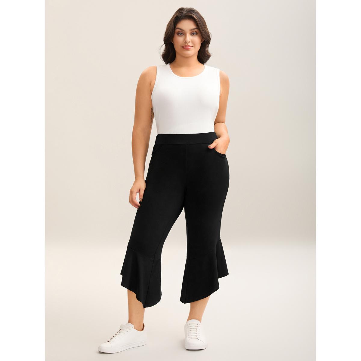 Plus Size Stretchy Ruffled Hem Cropped Pants Women Black Casual Bodycon Mid Rise Everyday-Casual Pants BloomChic 28/5X Product Image