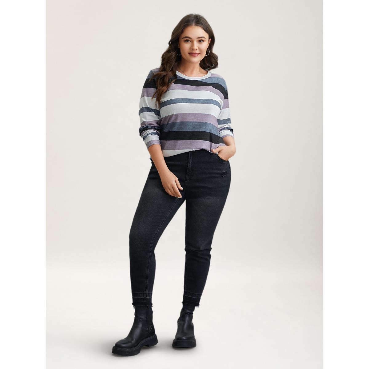 Plus Size Multi-Color Stripes Stretchy T-Shirt Multicolor Women Casual Contrast Round Neck Everyday T-shirts BloomChic 30/6X Product Image