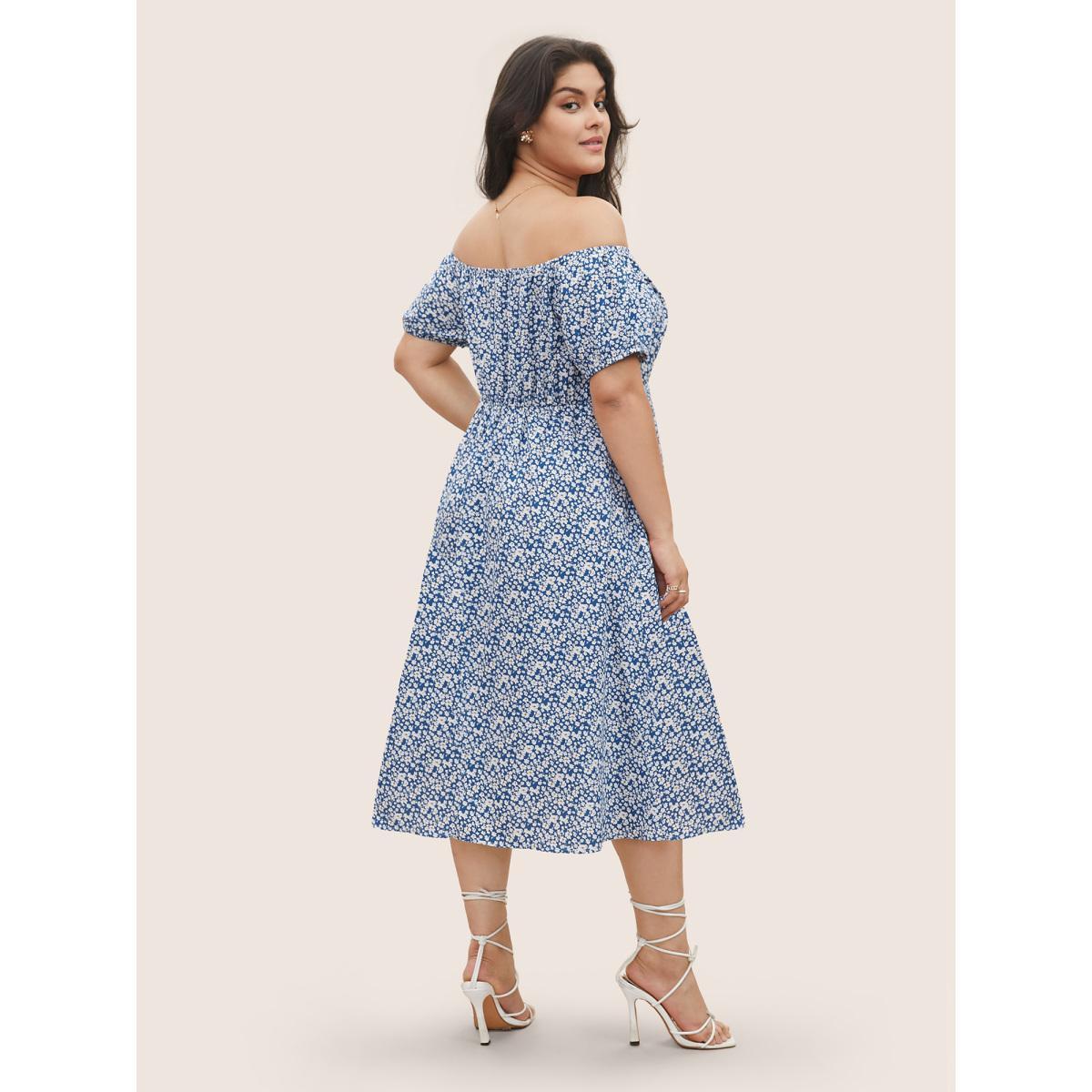 Plus Size Ditsy Floral One Shoulder Neck Cross Straps Dress Blue Women Elegant Non One-shoulder neck Short sleeve Curvy Midi Dress BloomChic 18-20/2X Product Image