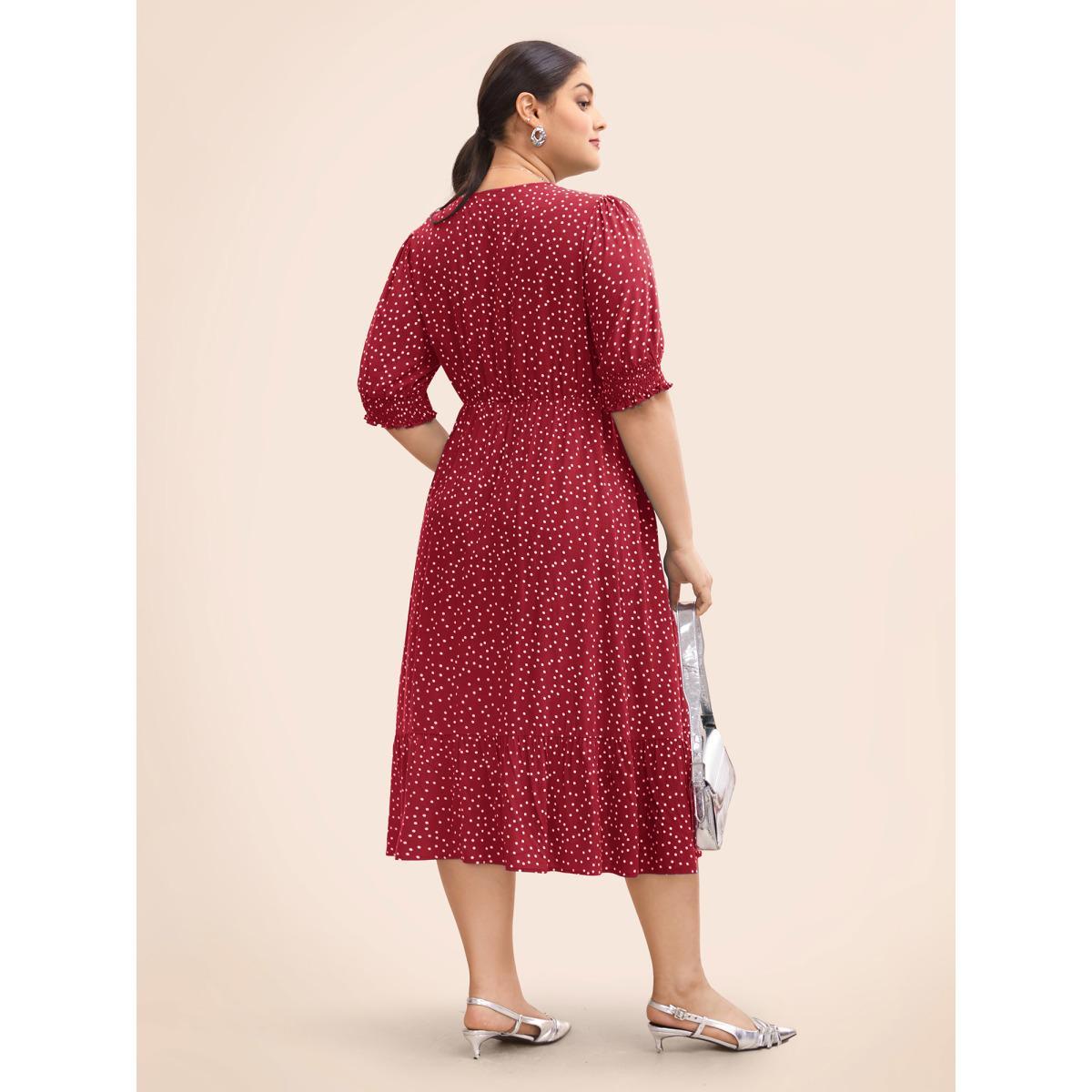 Plus Size Polka Dot Shirred Pocket Flutter Hem Dress Burgundy Women Office Printed V-neck Half Sleeve Curvy Midi Dress BloomChic 12/L Product Image