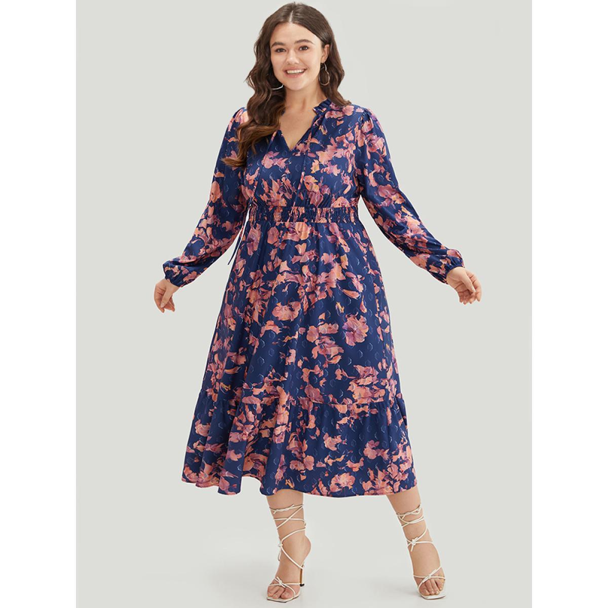 Plus Size Floral Print Shirred Frill Trim Ties Dress DarkBlue Women Elegant Elastic cuffs Tie Neck Long Sleeve Curvy Midi Dress BloomChic 12/L Product Image