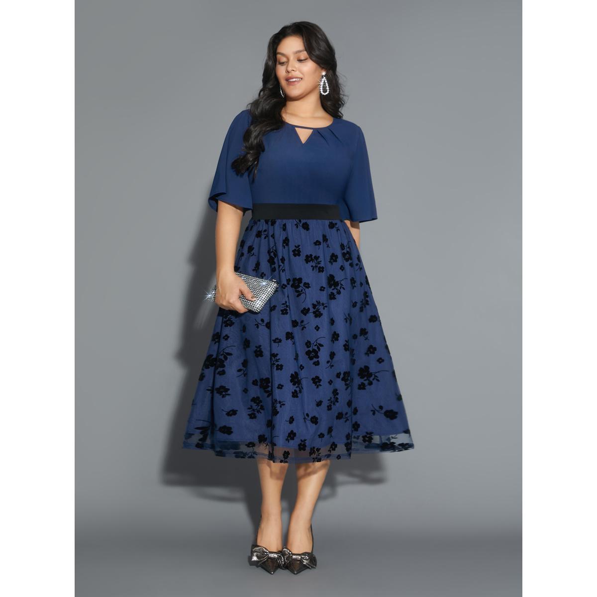 Plus Size Floral Embroidered Mesh keyhole Dress Aegean Women Cocktail Texture Round Neck Half Sleeve Curvy BloomChic 18-20/2X Product Image