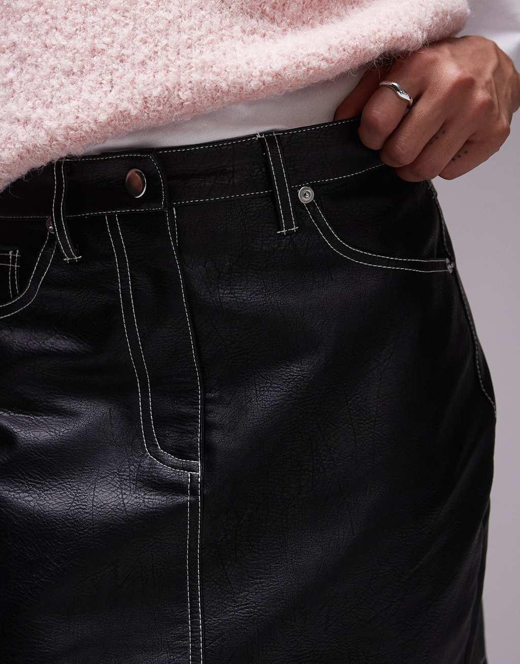 Topshop Faux leather mini skirt in black with contrast stitching Product Image