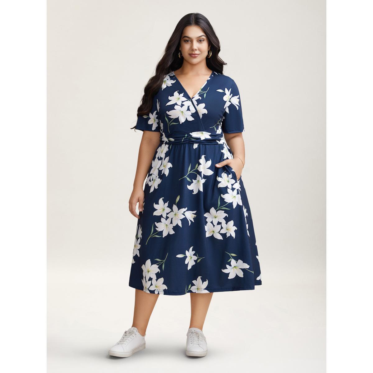 Plus Size Floral Surplice Neck Pleated Midi Dress Navy Women Casual Gathered Overlap Collar Short sleeve Curvy BloomChic 10/M Product Image