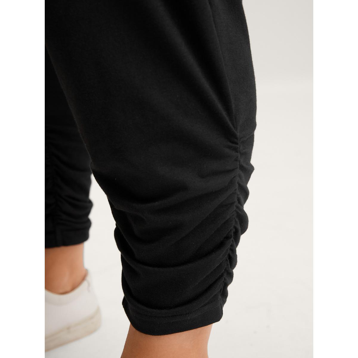 Plus Size Stretchy Straight-Leg Gathered Hem Pants Women Black Casual Mid Rise Everyday-Casual Pants BloomChic 26/4X Product Image