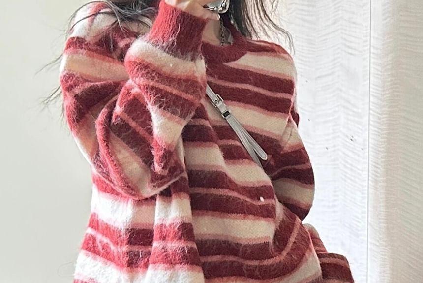 Round Neck Drop Shoulder Striped Oversized Sweater Product Image
