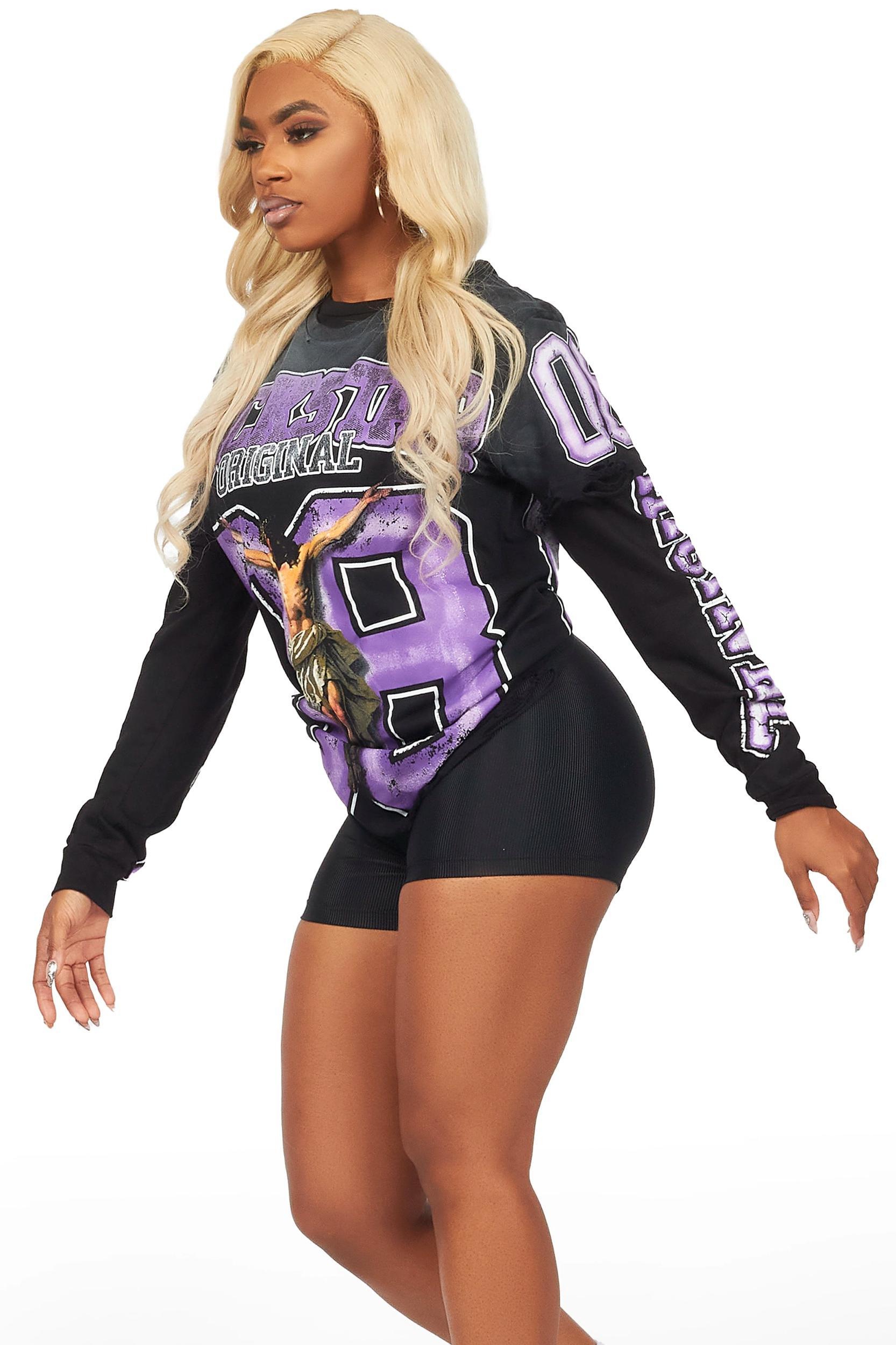 Tariqa Black/Purple Double Layer Graphic T-Shirt Female Product Image
