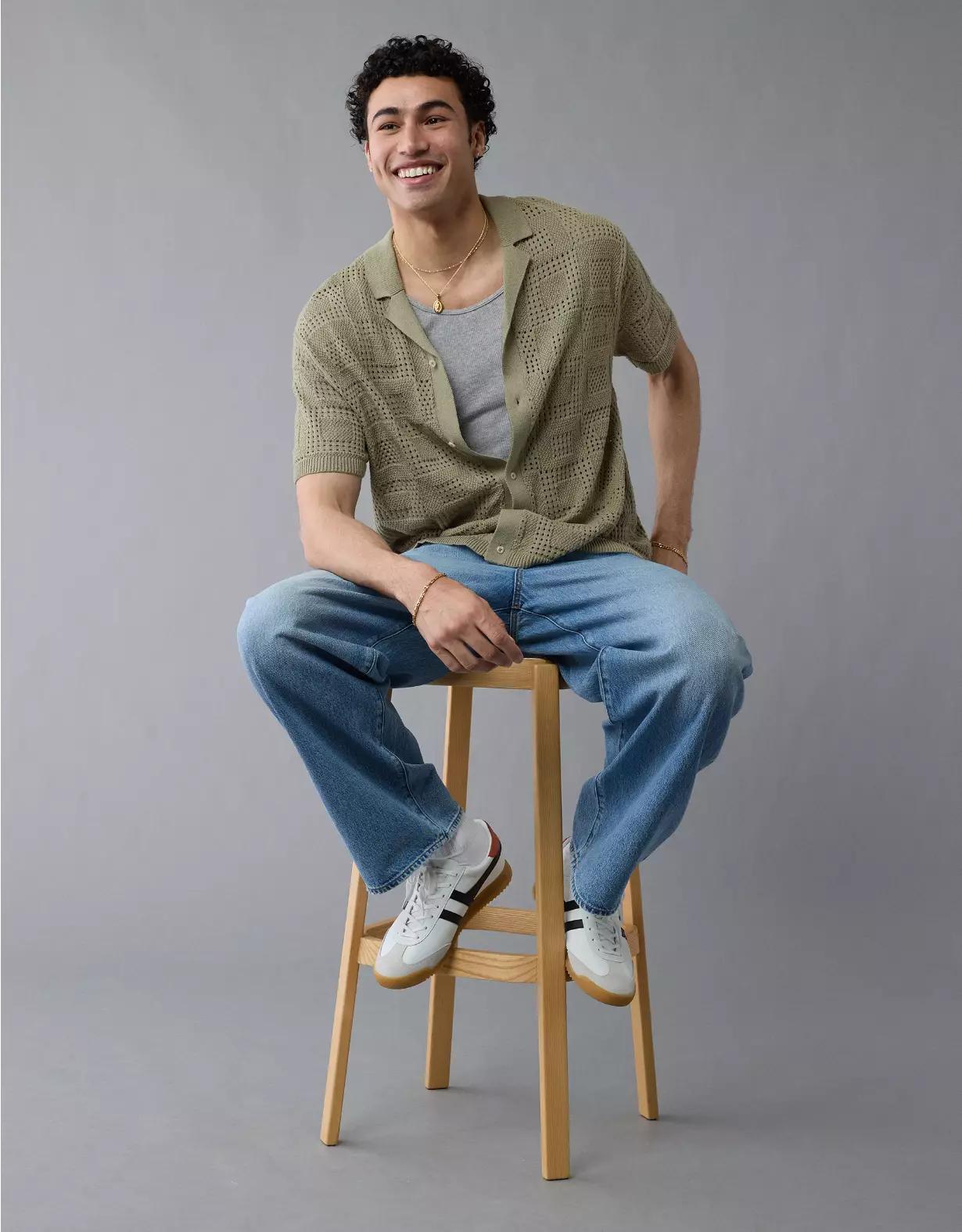 AE Weekend Textured Checkerboard Button-Up Sweater Polo Shirt Product Image