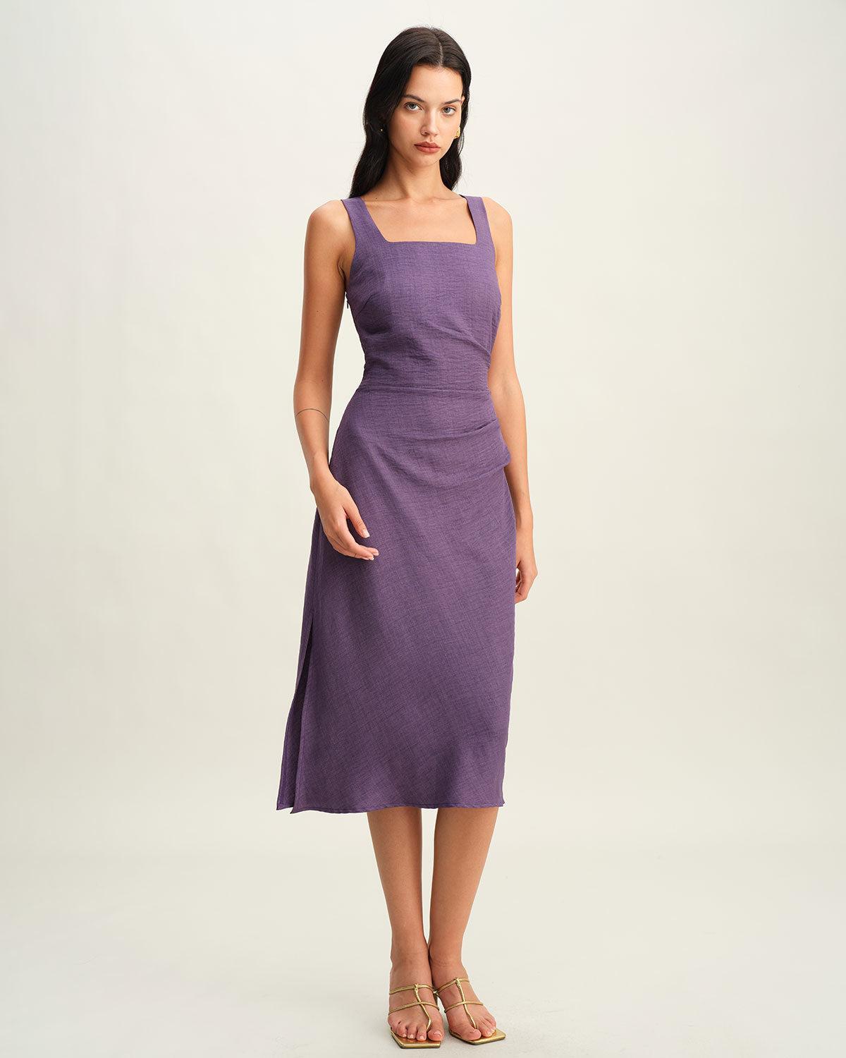 Purple Square Neck Slip Midi Dress Product Image