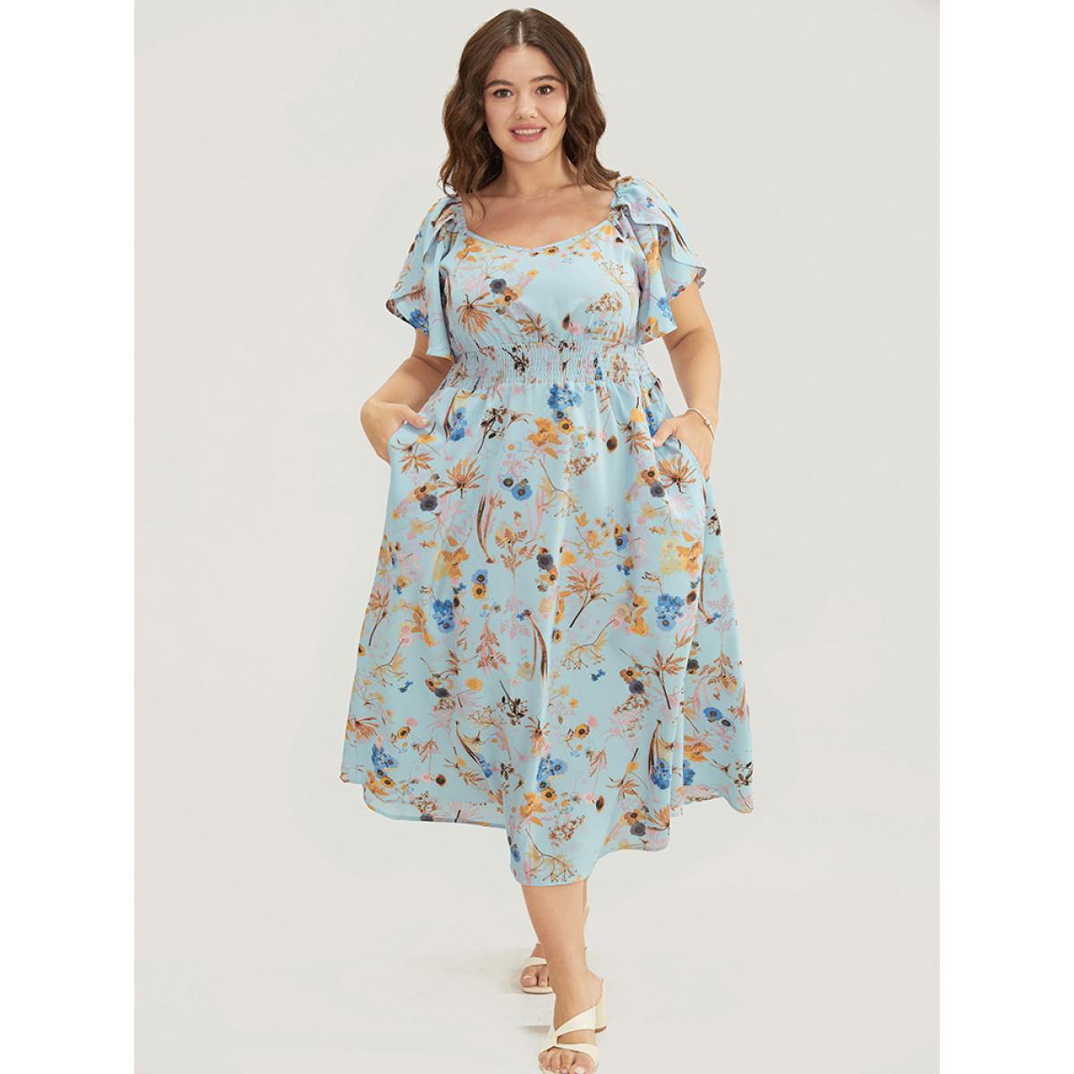 Plus Size Floral Printed Shirred Petal Sleeve Pocket Ruffles Dress LightBlue Women Elegant Elastic Waist V-neck Short sleeve Curvy Midi Dress BloomChic 10/M Product Image