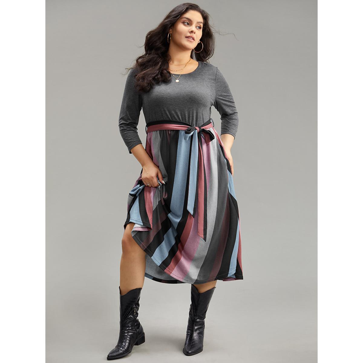 Plus Size Striped Contrast Patchwork Belted Dress DimGray Women Casual Belted Round Neck Elbow-length sleeve Curvy Midi Dress BloomChic 28/5X Product Image
