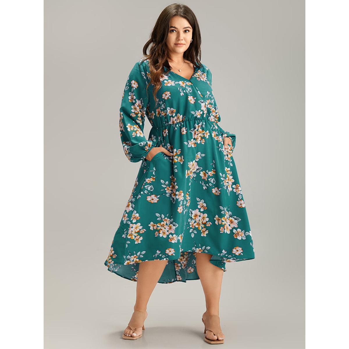Plus Size Floral Lantern Sleeve High Low Hem Dress DarkBlue Women Elegant Elastic cuffs V-neck Long Sleeve Curvy Midi Dress BloomChic 10/M Product Image