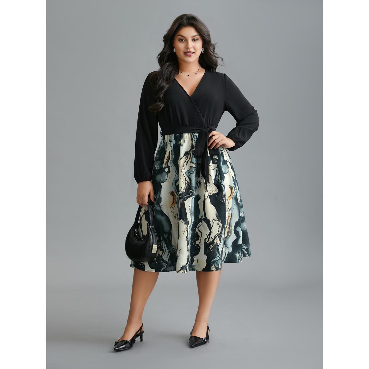 Plus Size Surplice Neck Marble Print Belted Dress Black Women At the Office Belted Overlap Collar Long Sleeve Curvy BloomChic 12/L Product Image