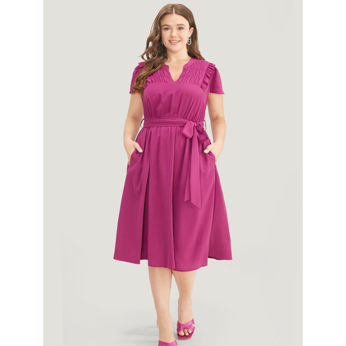 Plus Size Plain Notched Shirred Frill Trim Pocket Belted Dress RedViolet Women Office Gathered Notched collar Short sleeve Curvy Midi Dress BloomChic 12/L Product Image