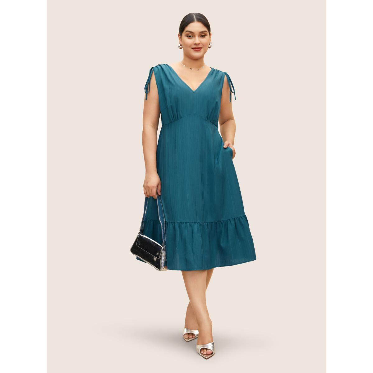 Plus Size Plain Textured Drawstring Ruffle Hem Dress Cerulean Women At the Office Texture V-neck Sleeveless Curvy BloomChic 14-16/1X Product Image