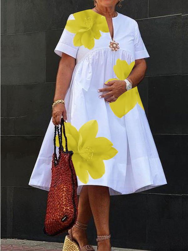 A-Line Loose Flower Print Pleated V-Neck Midi Dresses Product Image