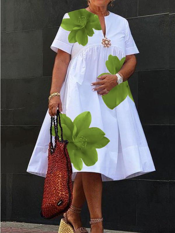 A-Line Loose Flower Print Pleated V-Neck Midi Dresses Product Image