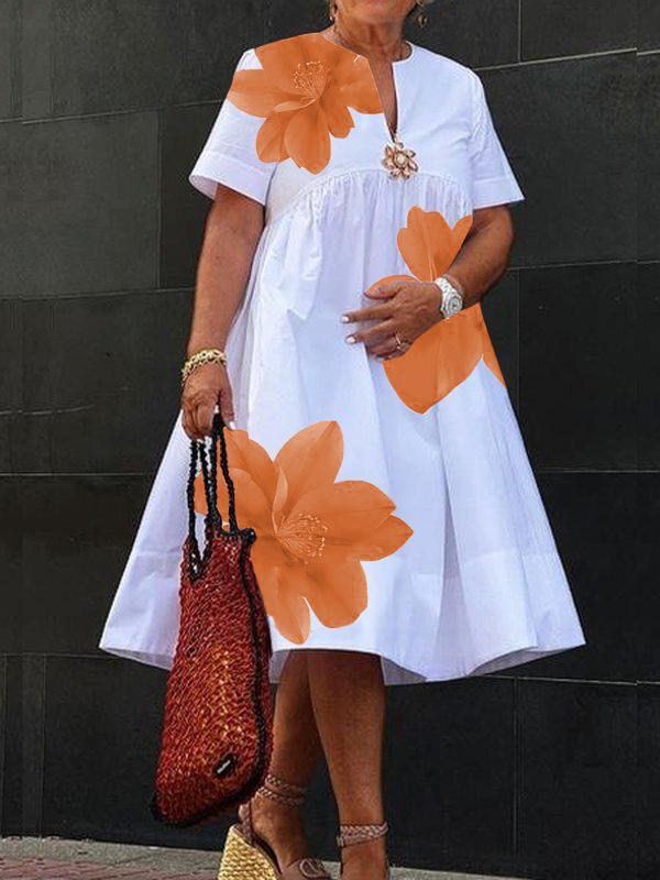 A-Line Loose Flower Print Pleated V-Neck Midi Dresses Product Image