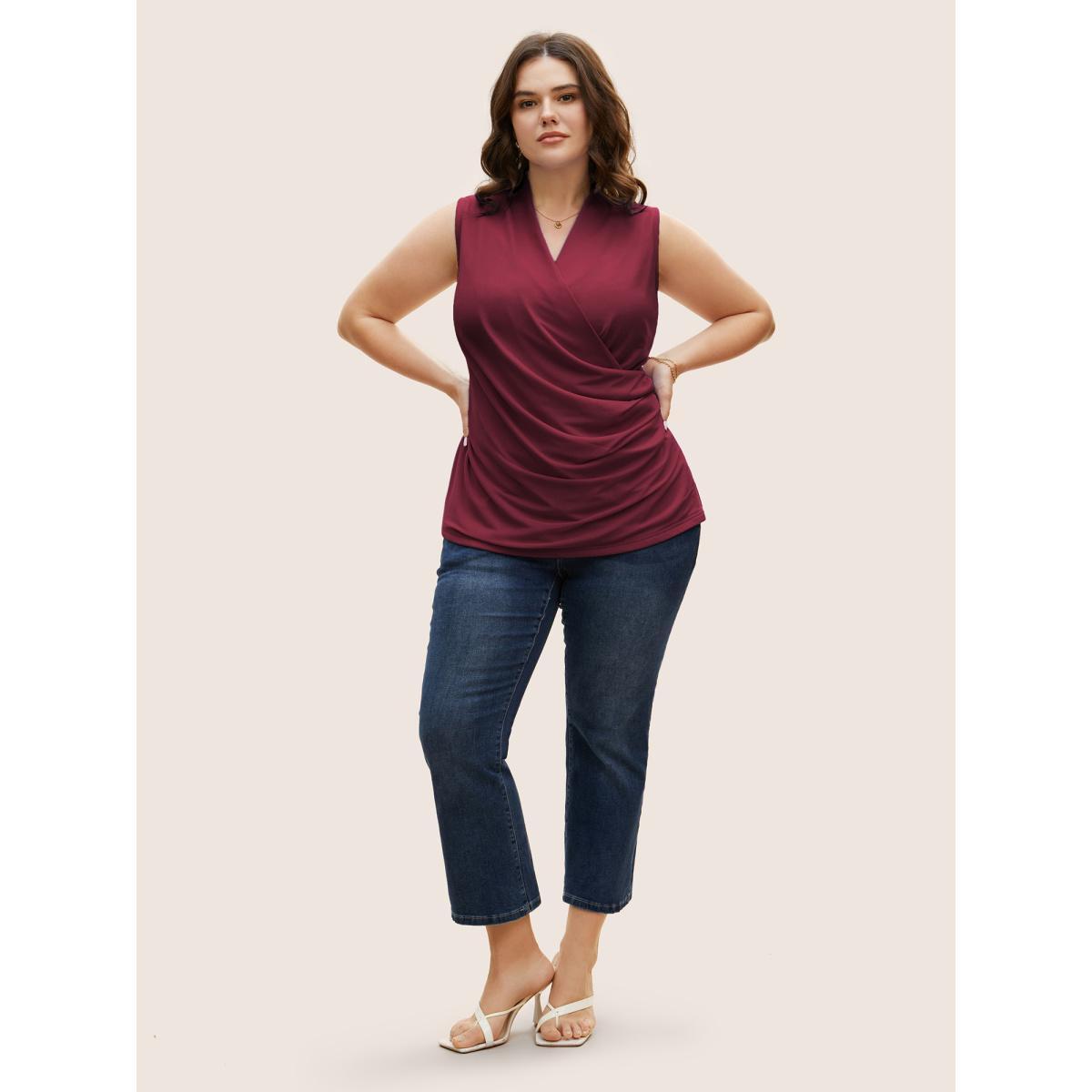 Plus Size Overlap Collar Solid Pleated Tank Top Women Burgundy Elegant Pleated Overlap Collar Everyday Tank Tops Camis BloomChic 30/6X Product Image
