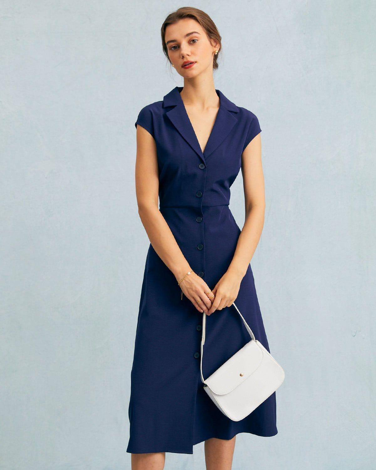 The Navy V Neck Button Cap Sleeve Midi Dress Product Image