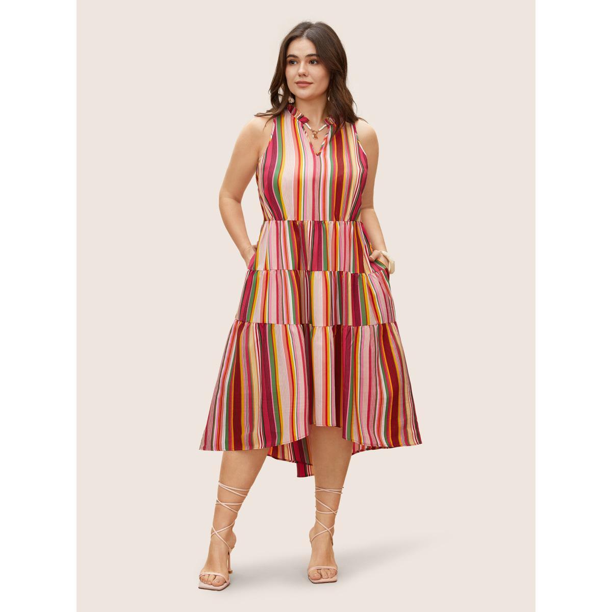 Plus Size Striped Frill Trim Ruffle Layered Hem Sleeveless Dress Pink Women Resort Flat collar with V-notch Sleeveless Curvy BloomChic 18-20/2X Product Image