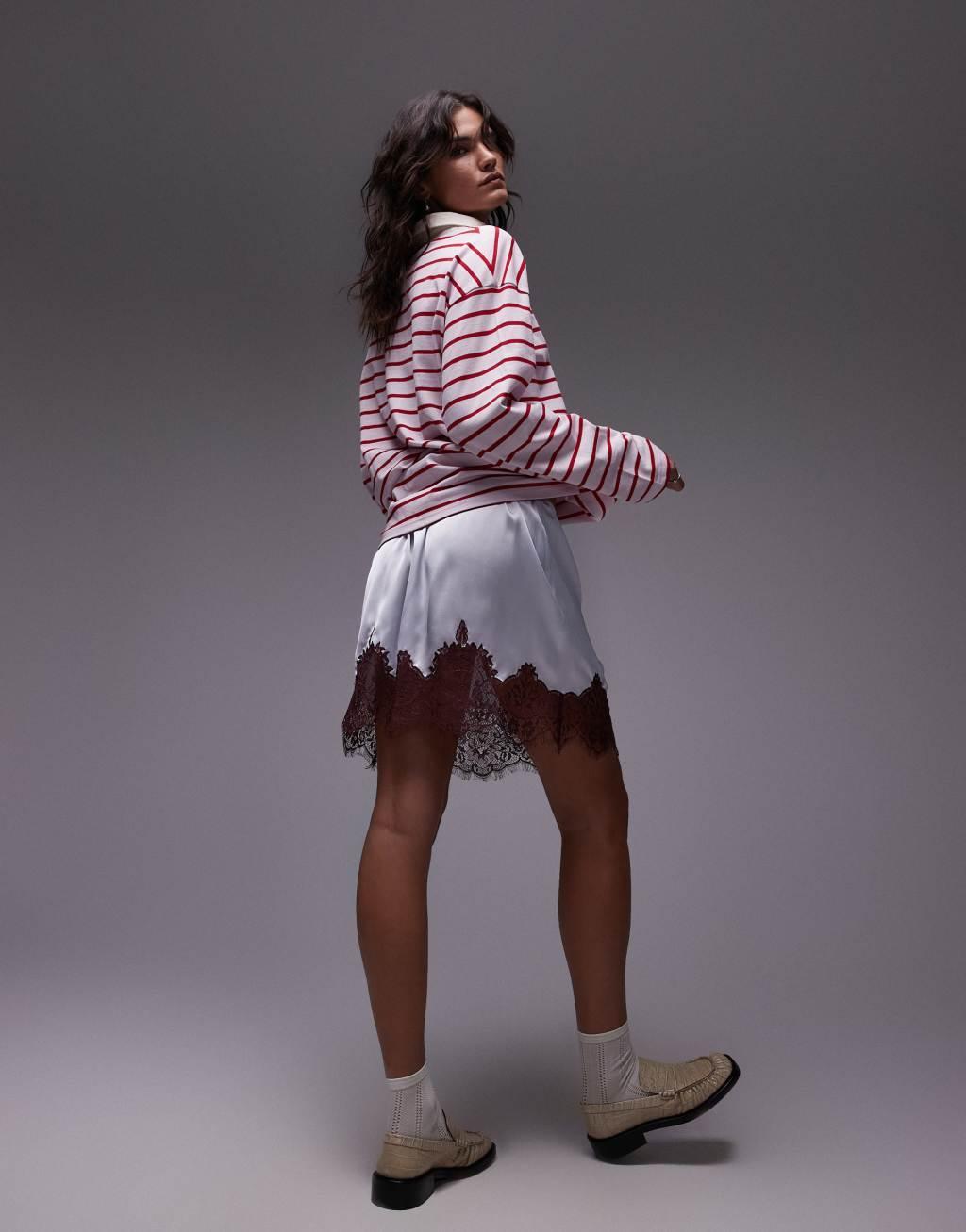 Topshop satin lace petticoat in silver blue with burgundy lace Product Image