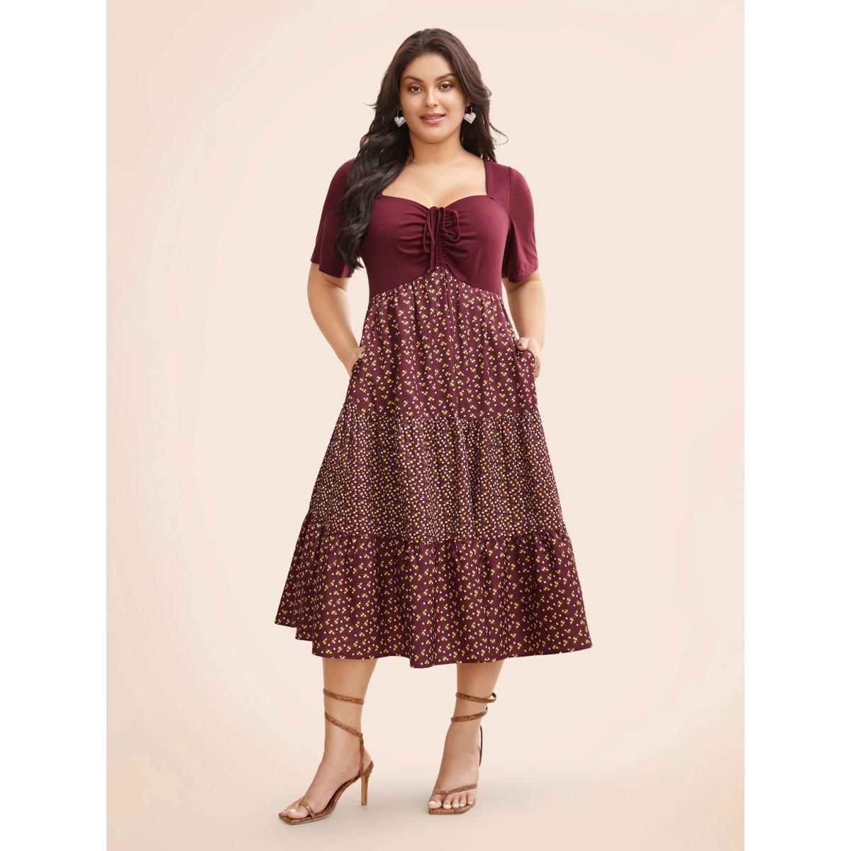 Plus Size Ditsy Floral Patchwork Ruffle Layered Hem Dress Burgundy Women Elegant Patchwork Heart neckline Short sleeve Curvy BloomChic 10/M Product Image