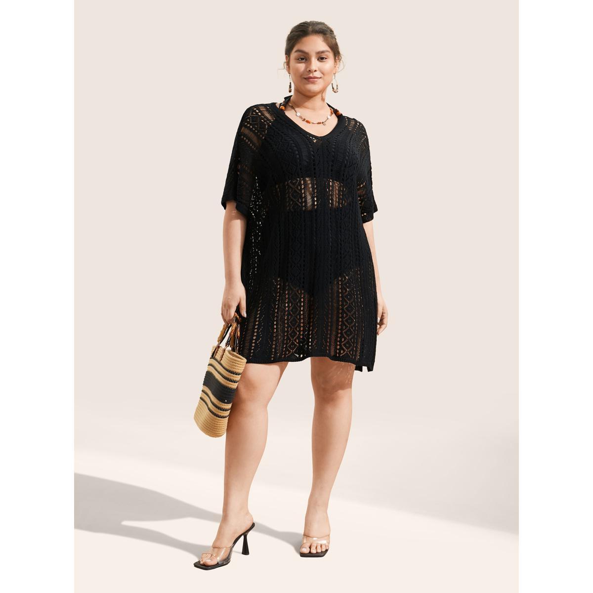 Plus Size Plain Texture Ties Hollow Out Split Hem Swim Cover Up Women's Swimwear Black Beach Cut-Out Curve Swim Cover Ups BloomChic 14-16/1X Product Image