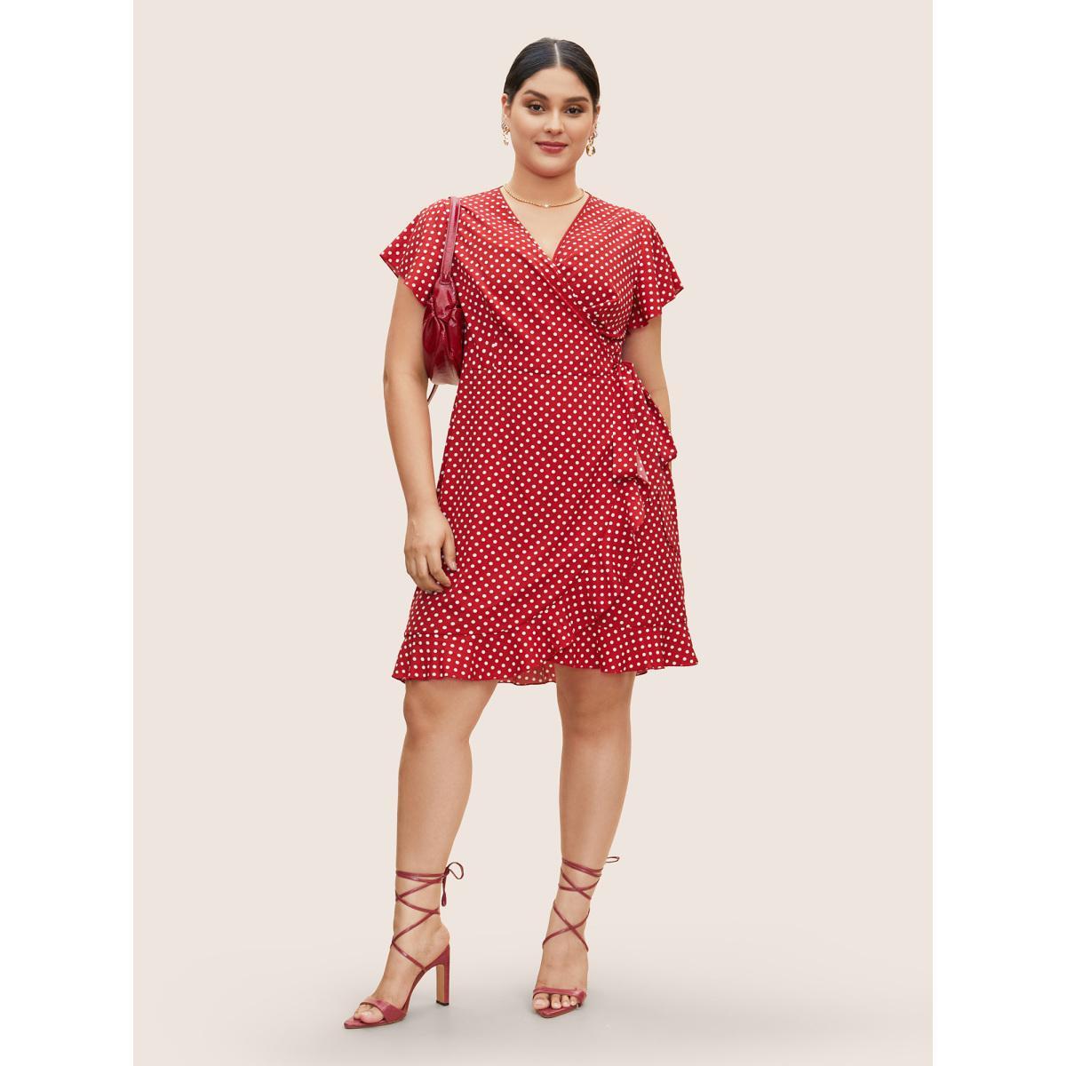 Plus Size Polka Dot Wrap Ruffle Sleeve Tie Knot Dress Crimson Women Workwear Essentials Tie knot Overlap Collar Short sleeve Curvy BloomChic 12/L Product Image
