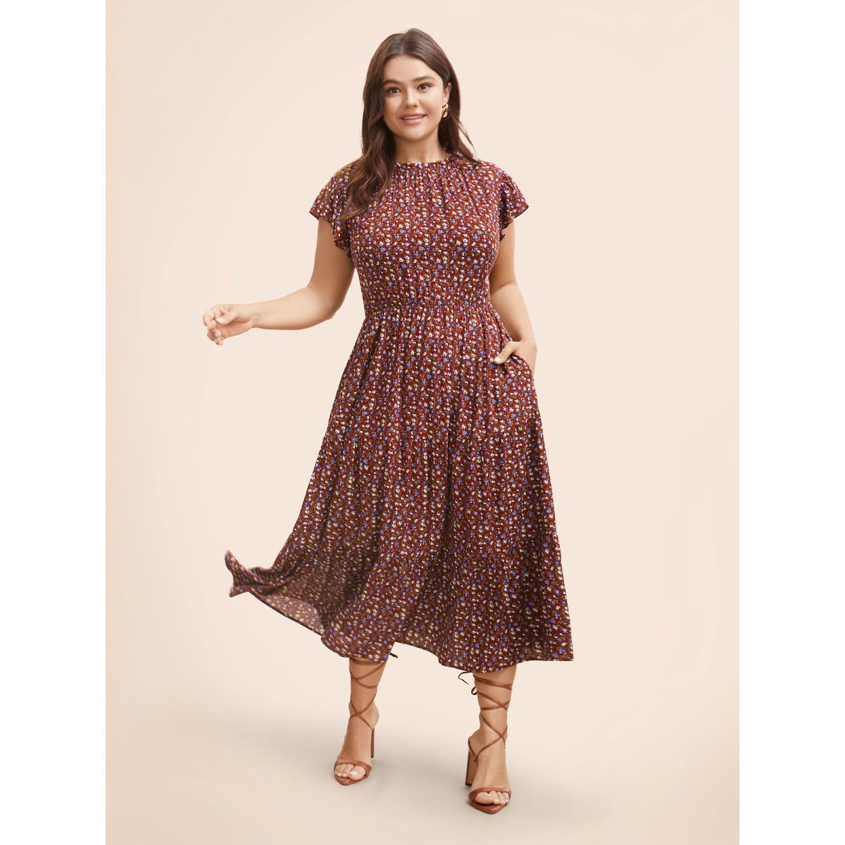 Plus Size Ditsy Floral Ruffle Cap Sleeve Dress Burgundy Women Elegant Frill Trim Mock Neck Cap Sleeve Curvy BloomChic 22-24/3X Product Image