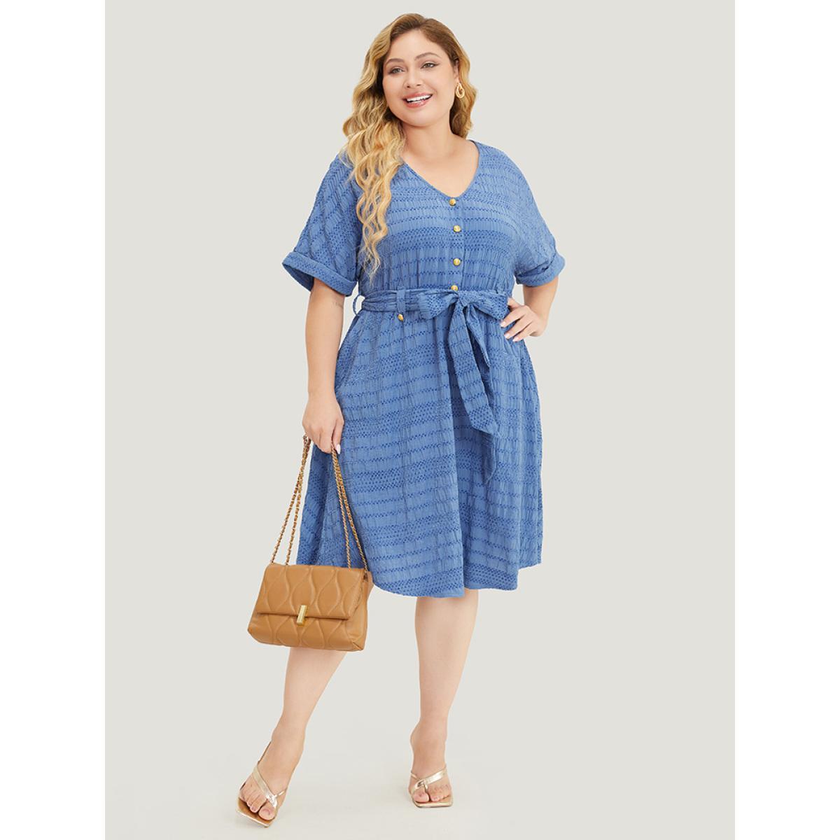 Plus Size Solid Textured Pocket Roll Batwing Sleeve Button Up Knee Dress Stone Women Office Cross straps V-neck Short sleeve Curvy Knee Dress BloomChic 22-24/3X Product Image