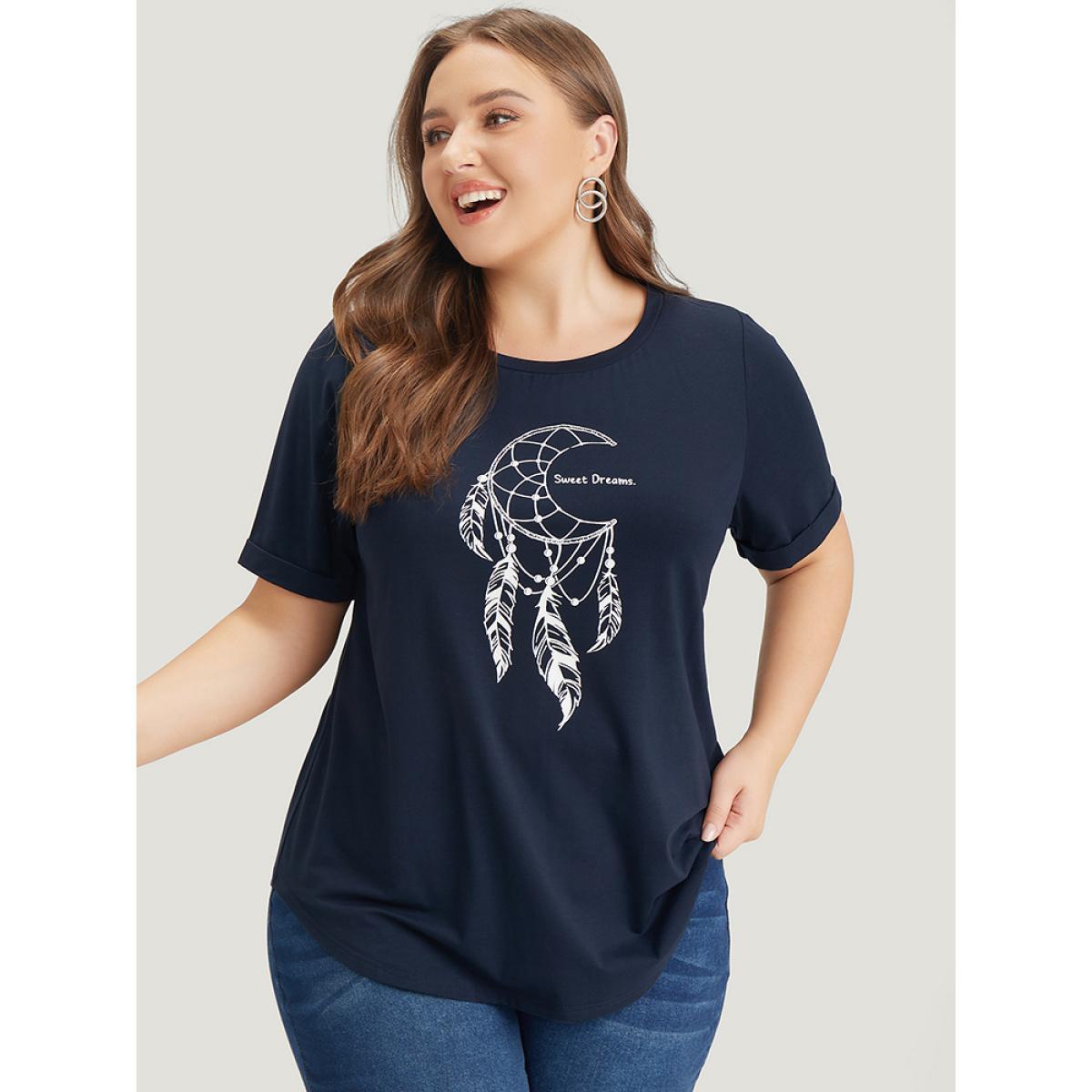 Plus Size Dream Catcher Print Arc Hem Cuffed Sleeve T-shirt Midnight Women Casual Arc Hem Art&design Dailywear T-shirts BloomChic 12/L Product Image