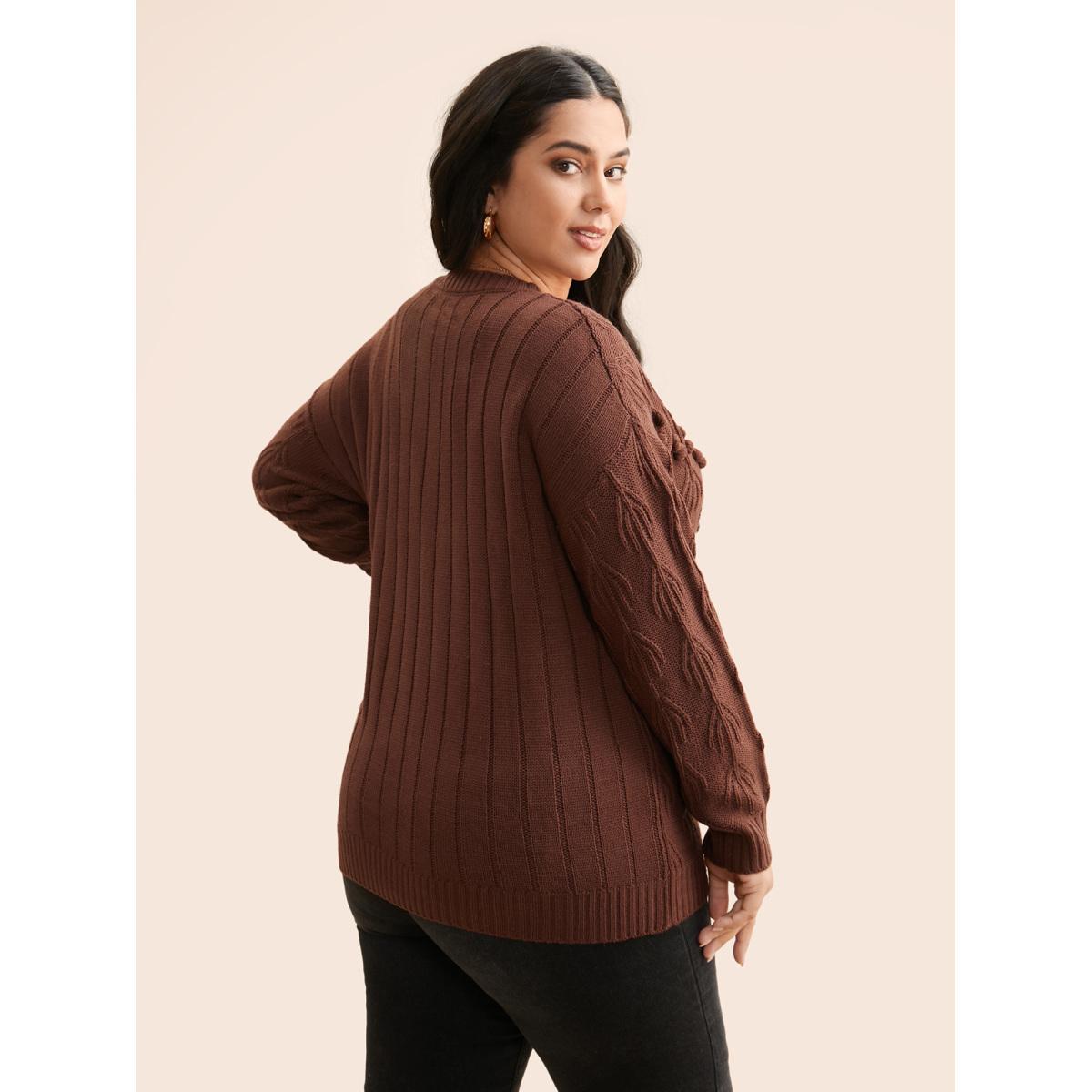 Plus Size Crochet Floral Drop Shoulder Sleeve Pullover DarkBrown Women Casual Long Sleeve Round Neck Everyday Pullovers BloomChic 22-24/3X Product Image