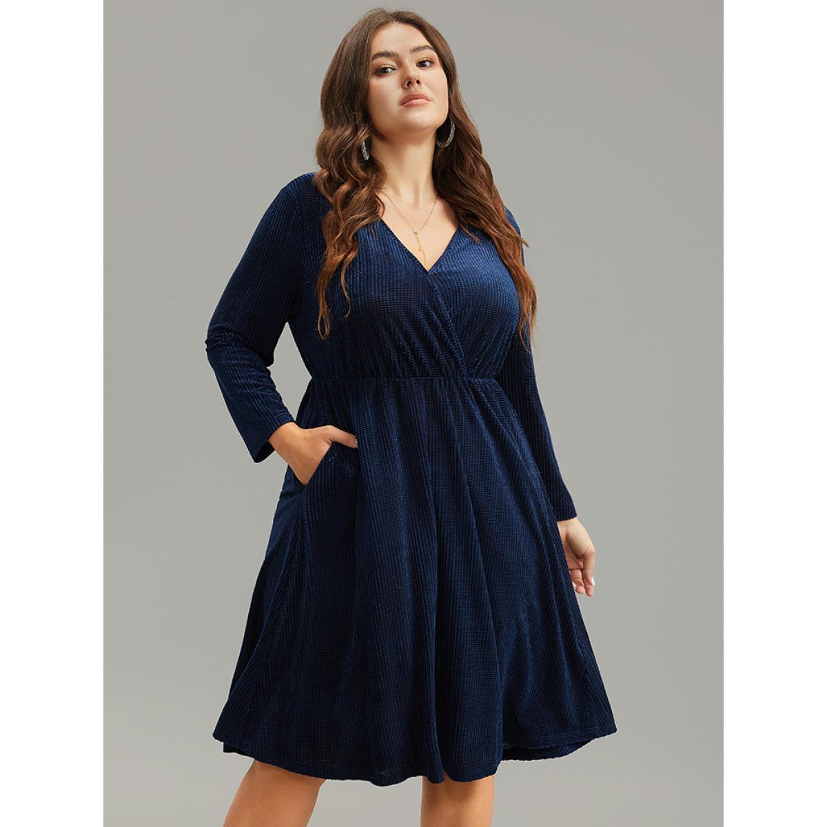Plus Size Plain Textured Velvet Ruffle Hem Dress Indigo Women Glamour Texture Overlap Collar Long Sleeve Curvy Midi Dress BloomChic 12/L Product Image
