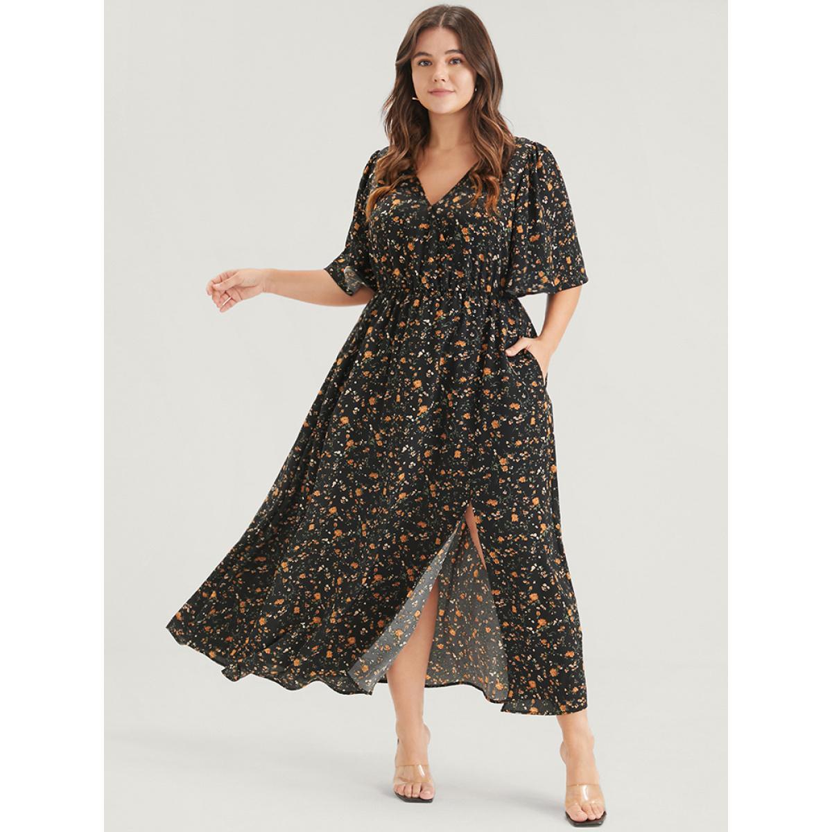 Plus Size Floral Print Split Pocket Wrap Button Ruffled Maxi Dress Black Women Elegant Printed V-neck Half Sleeve Curvy Maxi Dress BloomChic 22-24/3X Product Image