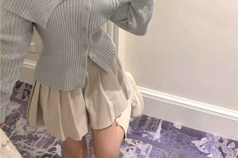 Long Sleeve Off-Shoulder Plain Ribbed-Knit Slim-Fit Sweater Product Image