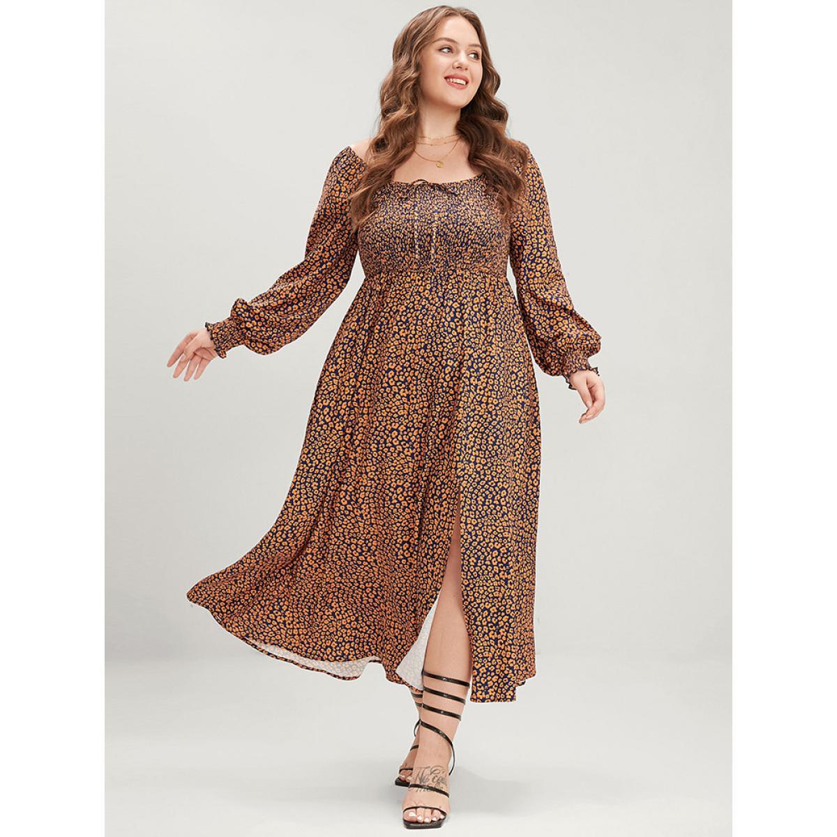 Plus Size Ditsy Floral Pocket Shirred Lantern Sleeve Split Hem Dress Chocolate Women Elegant Shirred Square Neck Long Sleeve Curvy Midi Dress BloomChic 22-24/3X Product Image